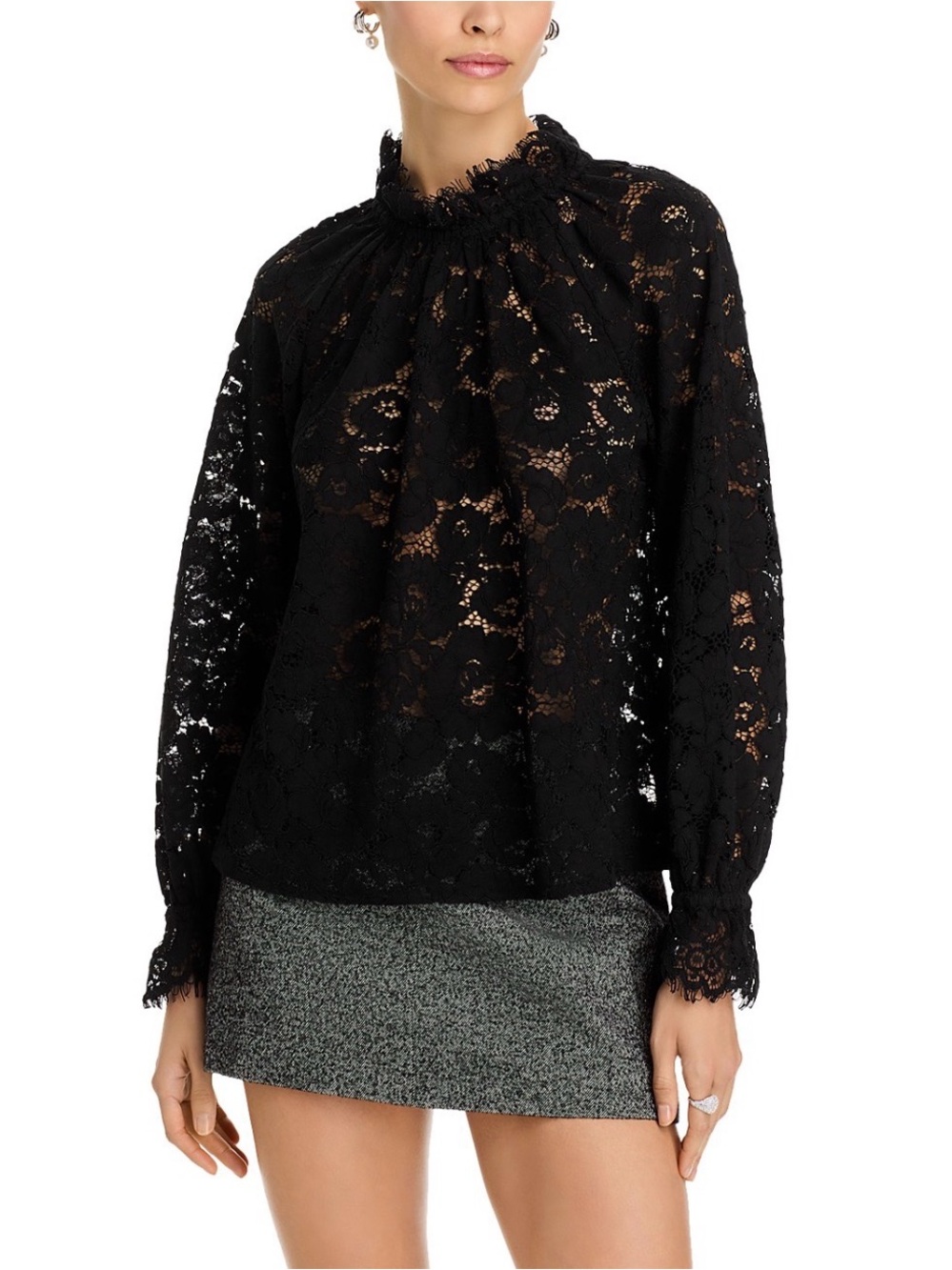 Aqua Black Lace Long-Sleeve Mock Neck Blouse. Size S